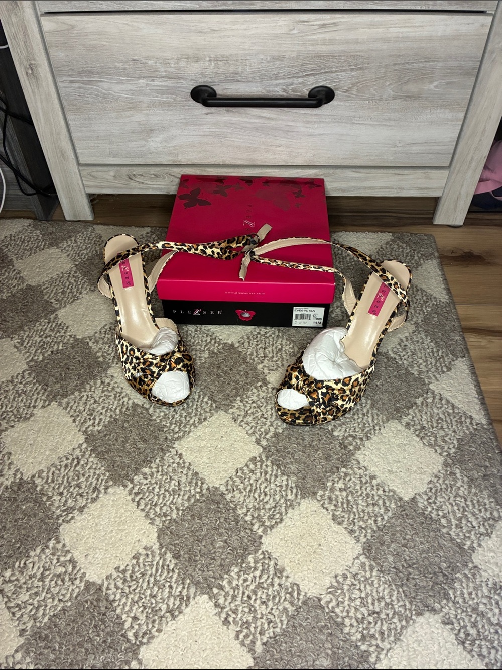 Pleaser EVE Cheetah Sarin Print Peep-Toe Ankle Tie Heels
